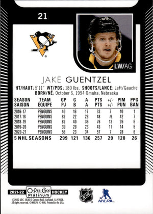 2021-22 Upper Deck O-Pee-Chee Platinum Hockey Base #21 Jake Guentzel - Pittsburgh Penguins