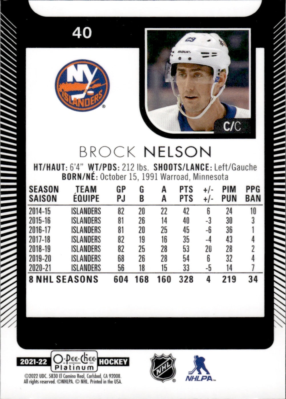 2021-22 Upper Deck O-Pee-Chee Platinum Hockey Base #40 Brock Nelson - New York Islanders