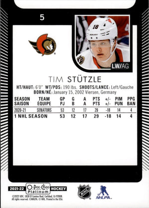 2021-22 Upper Deck O-Pee-Chee Platinum Hockey Base #5 Tim Stutzle - Ottawa Senators