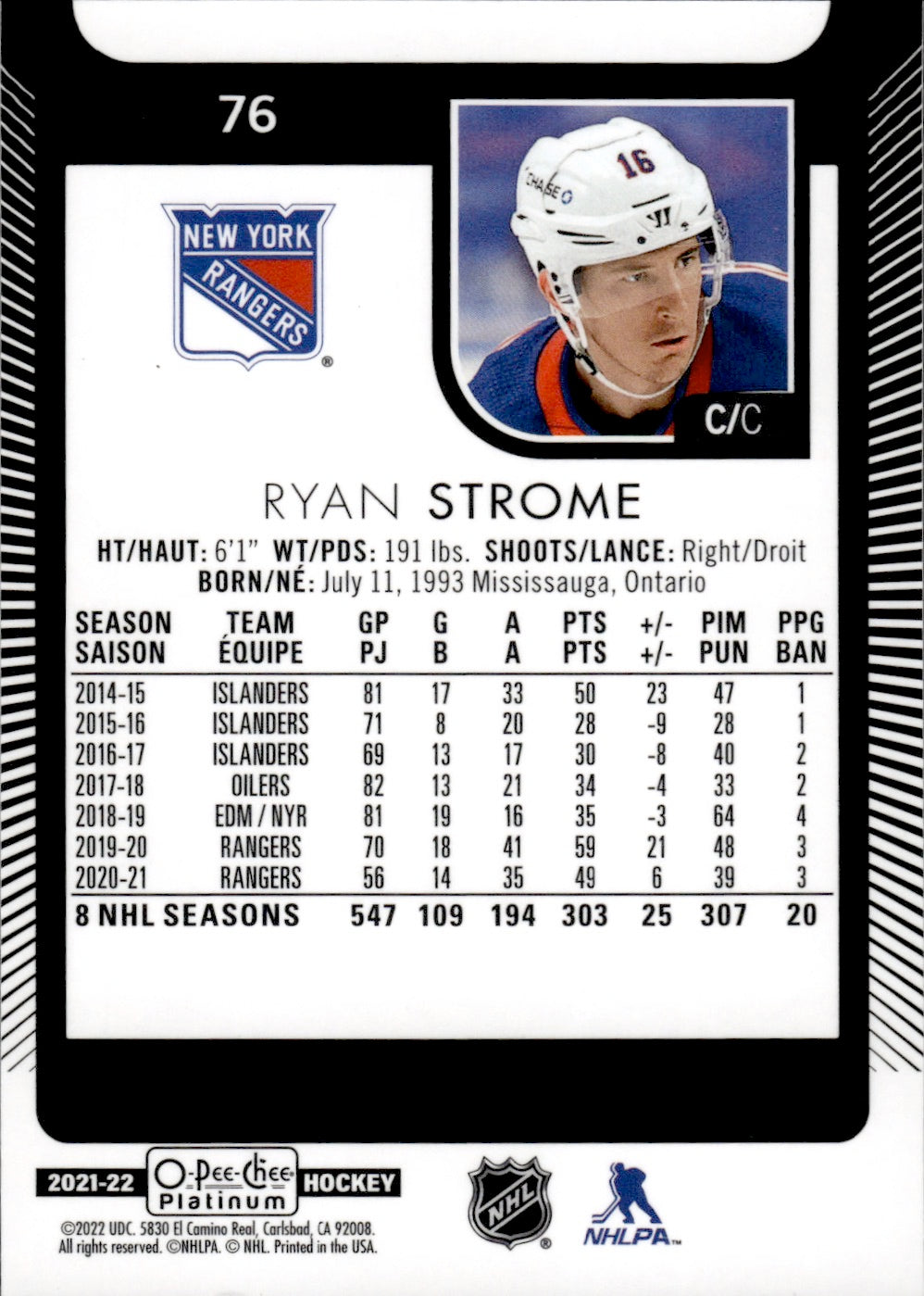 2021-22 Upper Deck O-Pee-Chee Platinum Hockey Base #76 Ryan Strome - New York Rangers