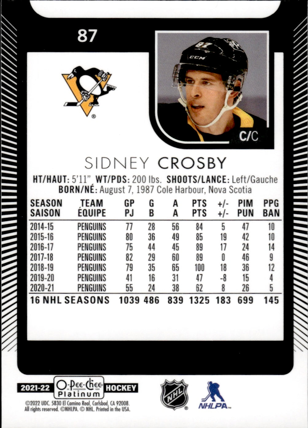 2021-22 Upper Deck O-Pee-Chee Platinum Hockey Base #87 Sidney Crosby - Pittsburgh Penguins