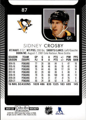 2021-22 Upper Deck O-Pee-Chee Platinum Hockey Base #87 Sidney Crosby - Pittsburgh Penguins