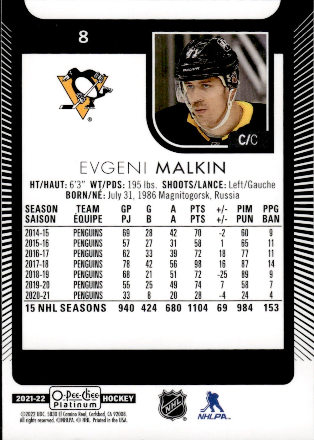 2021-22 Upper Deck O-Pee-Chee Platinum Hockey Base #8 Evgeni Malkin - Pittsburgh Penguins