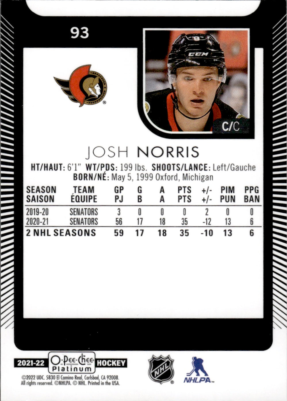 2021-22 Upper Deck O-Pee-Chee Platinum Hockey Base #93 Josh Norris - Ottawa Senators