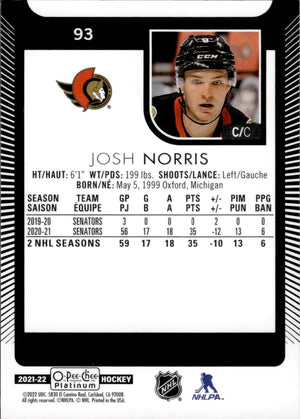 2021-22 Upper Deck O-Pee-Chee Platinum Hockey Base #93 Josh Norris - Ottawa Senators