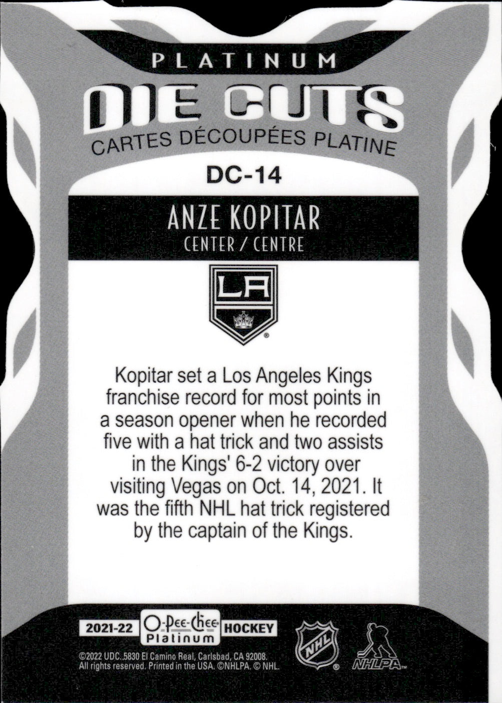 2021-22 Upper Deck O-Pee-Chee Platinum Hockey Die Cuts #DC-14 Anze Kopitar - Los Angeles Kings