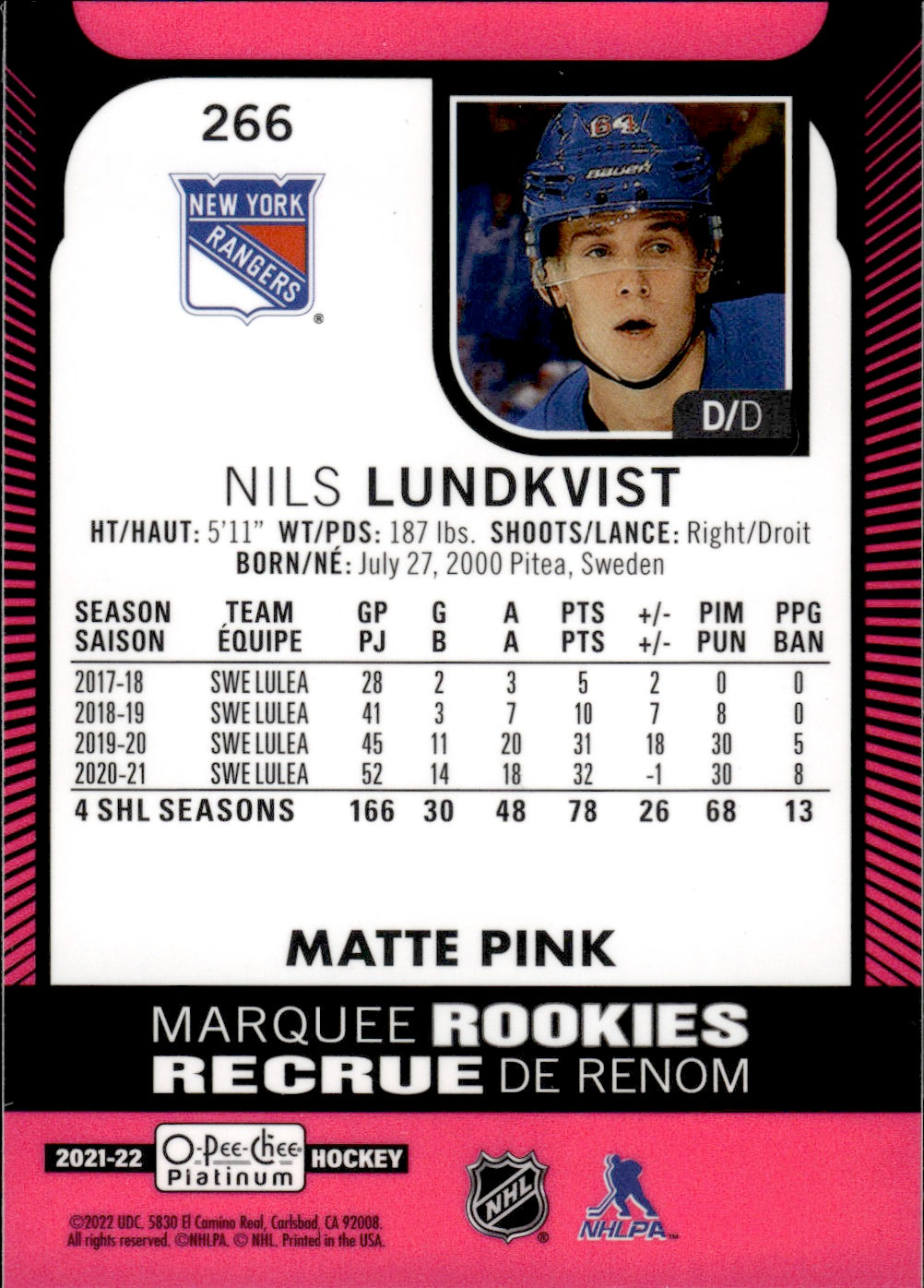 2021-22 Upper Deck O-Pee-Chee Platinum Hockey Marquee Rookie Matte Pink #266 Nils Lundkvist - New York Rangers