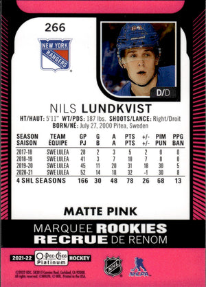 2021-22 Upper Deck O-Pee-Chee Platinum Hockey Marquee Rookie Matte Pink #266 Nils Lundkvist - New York Rangers