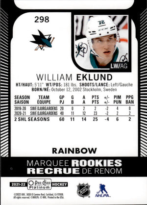 2021-22 Upper Deck O-Pee-Chee Platinum Hockey Marquee Rookie Rainbow #298 William Eklund - San Jose Sharks