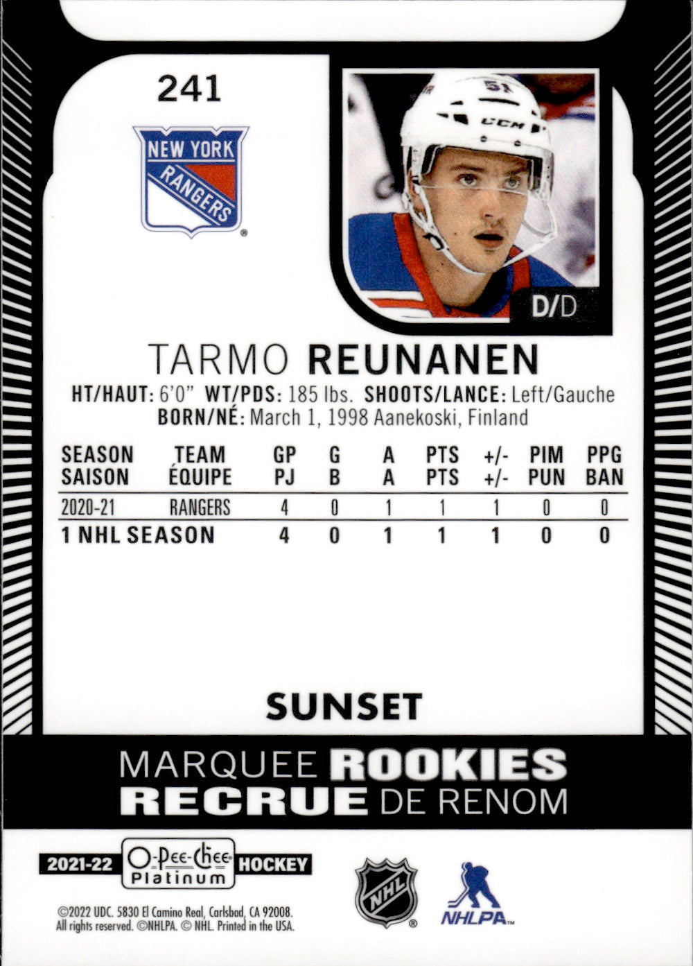 2021-22 Upper Deck O-Pee-Chee Platinum Hockey Marquee Rookie Sunset #241 Tarmo Reunanen - New York Rangers