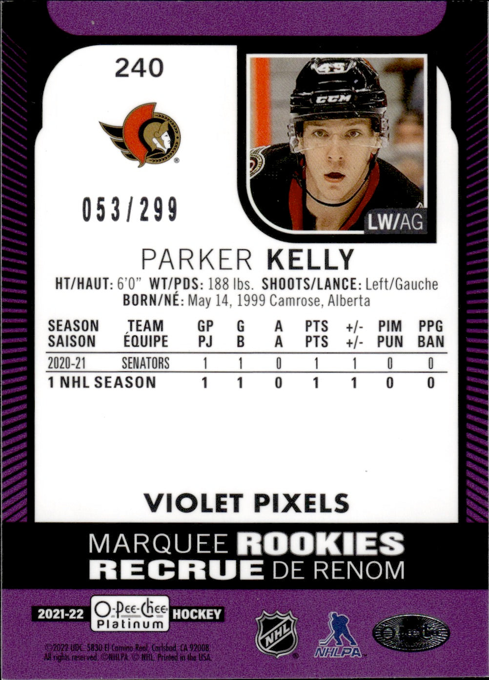 2021-22 Upper Deck O-Pee-Chee Platinum Hockey Marquee Rookie Violet Pixels /299 #240 Parker Kelly - Ottawa Senators