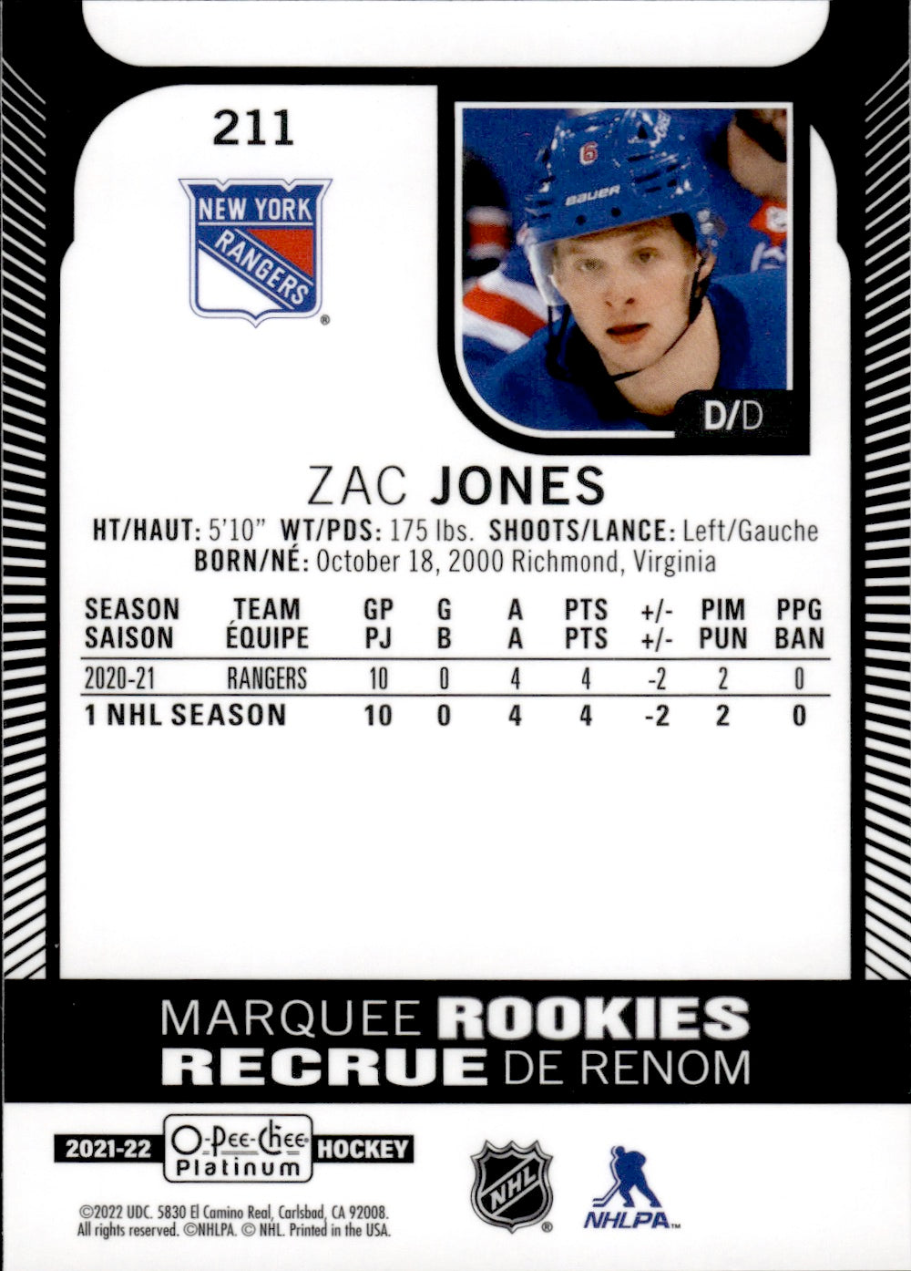 2021-22 Upper Deck O-Pee-Chee Platinum Hockey Marquee Rookie #211 Zac Jones - New York Rangers