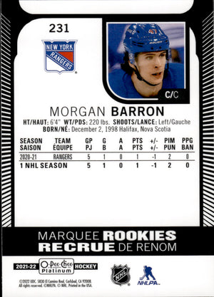 2021-22 Upper Deck O-Pee-Chee Platinum Hockey Marquee Rookie #231 Morgan Barron - New York Rangers