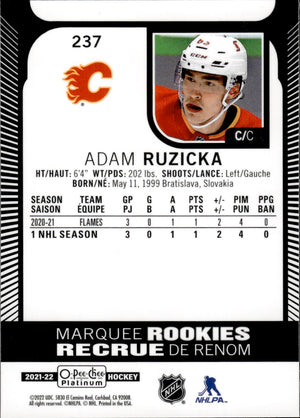 2021-22 Upper Deck O-Pee-Chee Platinum Hockey Marquee Rookie #237 Adam Ruzicka - Calgary Flames