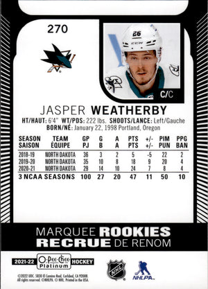 2021-22 Upper Deck O-Pee-Chee Platinum Hockey Marquee Rookie #270 Jasper Weatherby - San Jose Sharks