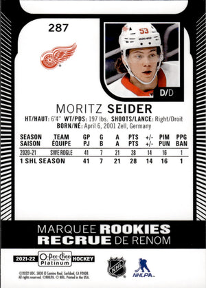 2021-22 Upper Deck O-Pee-Chee Platinum Hockey Marquee Rookie #287 Moritz Seider - Detroit Red Wings