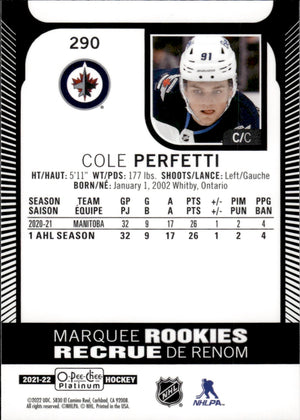 2021-22 Upper Deck O-Pee-Chee Platinum Hockey Marquee Rookie #290 Cole Perfetti - Winnipeg Jets - Back