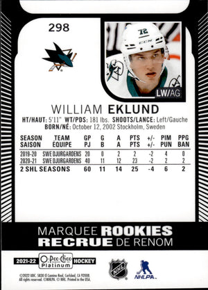 2021-22 Upper Deck O-Pee-Chee Platinum Hockey Marquee Rookie #298 William Eklund - San Jose Sharks
