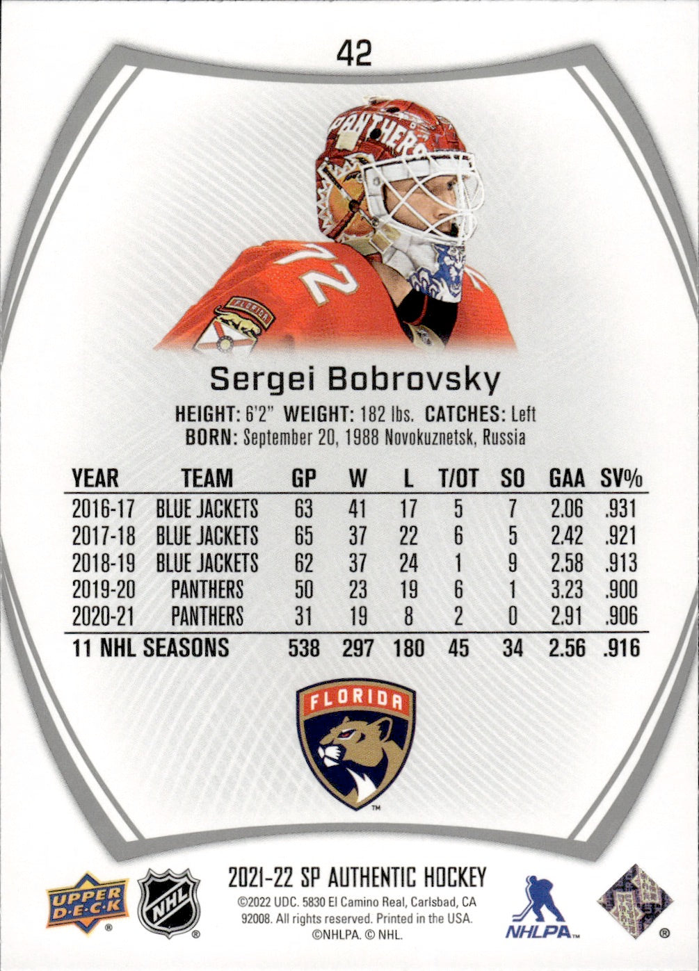 2021-22 Upper Deck SP Authentic Hockey - Base #42 Sergei Bobrovsky - Florida Panthers