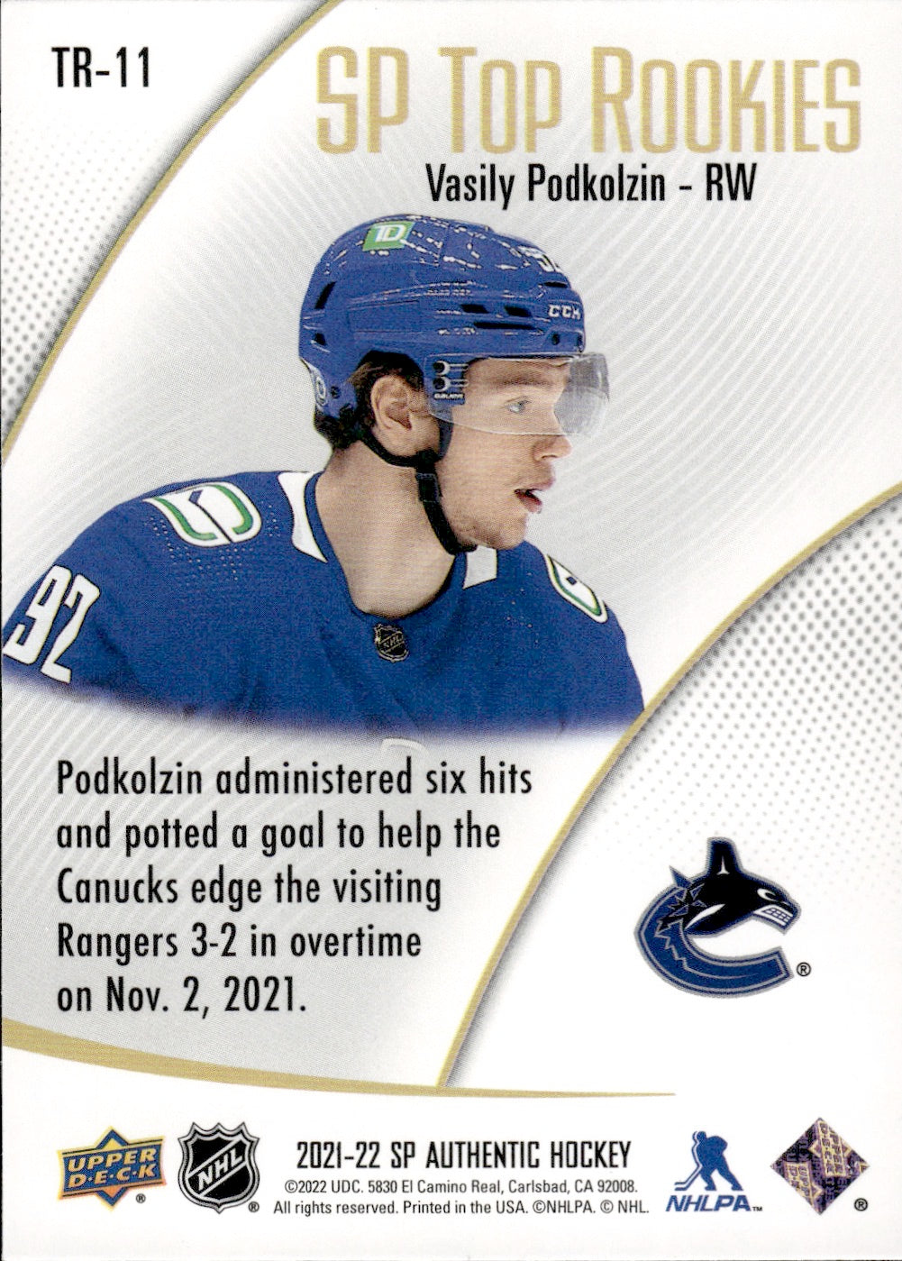 2021-22 Upper Deck SP Authentic Hockey - Top Rookies #TR-11 Vasily Podkolzin - Vancouver Canucks