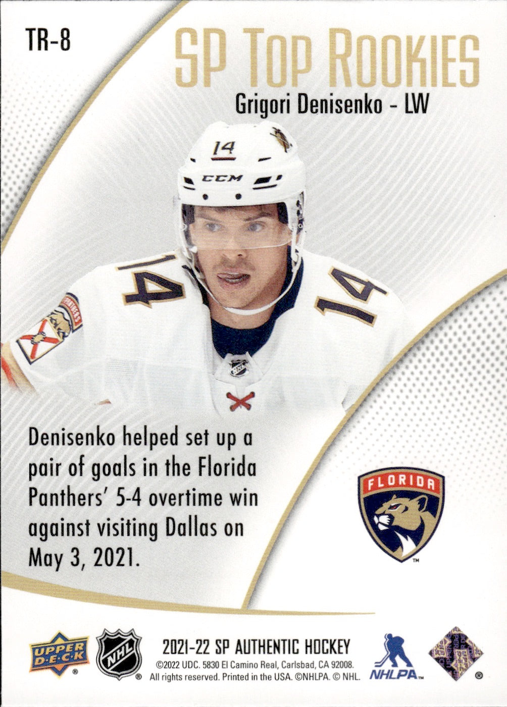 2021-22 Upper Deck SP Authentic Hockey - Top Rookies #TR-8 Grigori Denisenko - Florida Panthers