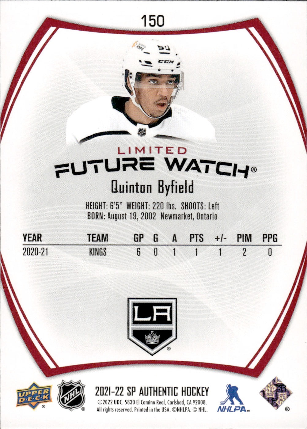 2021-22 Upper Deck SP Authentic Hockey Future Watch Limited #150 Quinton Byfield - Los Angeles Kings