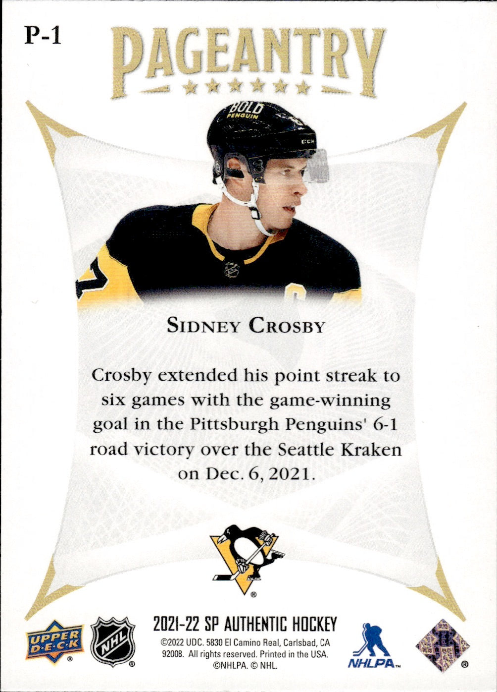 2021-22 Upper Deck SP Authentic Hockey Pageantry #P-1 Sidney Crosby - Pittsburgh Penguins