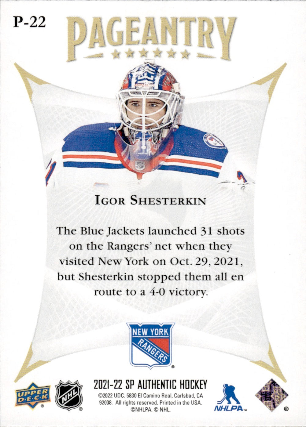 2021-22 Upper Deck SP Authentic Hockey Pageantry #P-22 Igor Shesterkin - New York Rangers