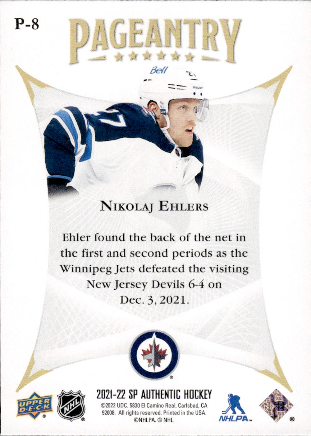 2021-22 Upper Deck SP Authentic Hockey Pageantry #P-8 Nikolaj Ehlers - Winnipeg jets