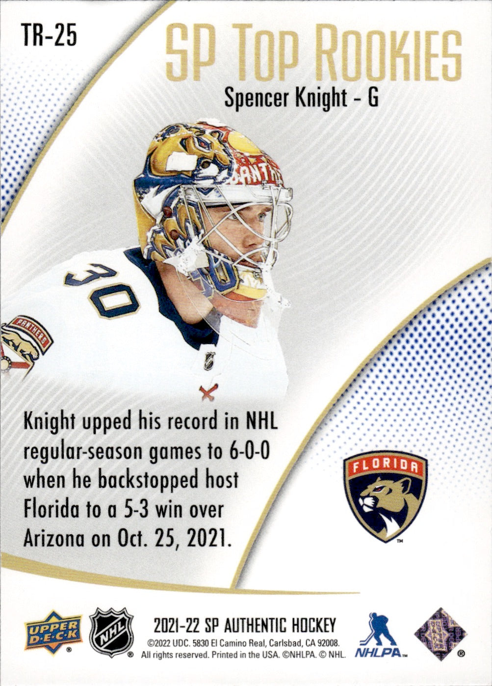 2021-22 Upper Deck SP Authentic Hockey Top Rookies #TR-25 Spencer Knight - Florida Panthers