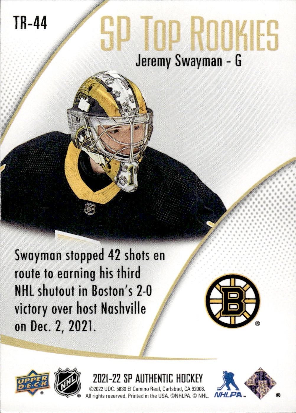 2021-22 Upper Deck SP Authentic Hockey Top Rookies #TR-44 Jeremy Swayman - Boston Bruins