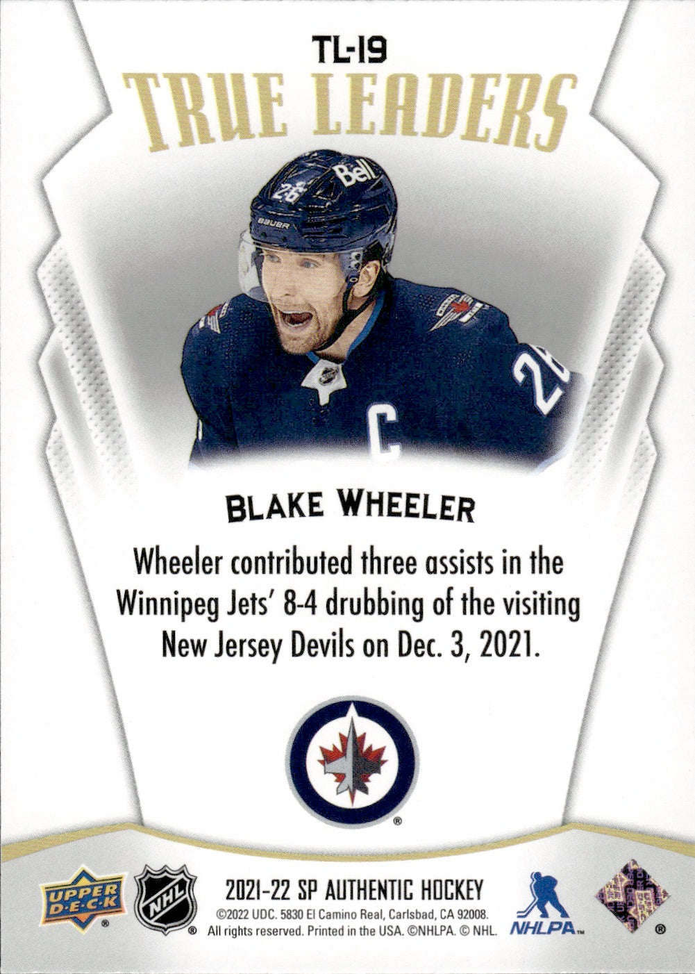 2021-22 Upper Deck SP Authentic Hockey True Leaders #TL-19 Blake Wheeler - Winnipeg Jets