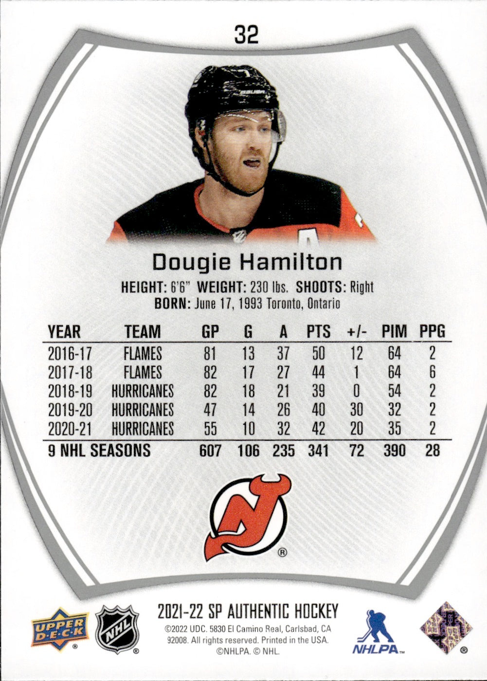 2021-22 Upper Deck SP Authentic Hockey #32 Dougie Hamilton - New Jersey Devils