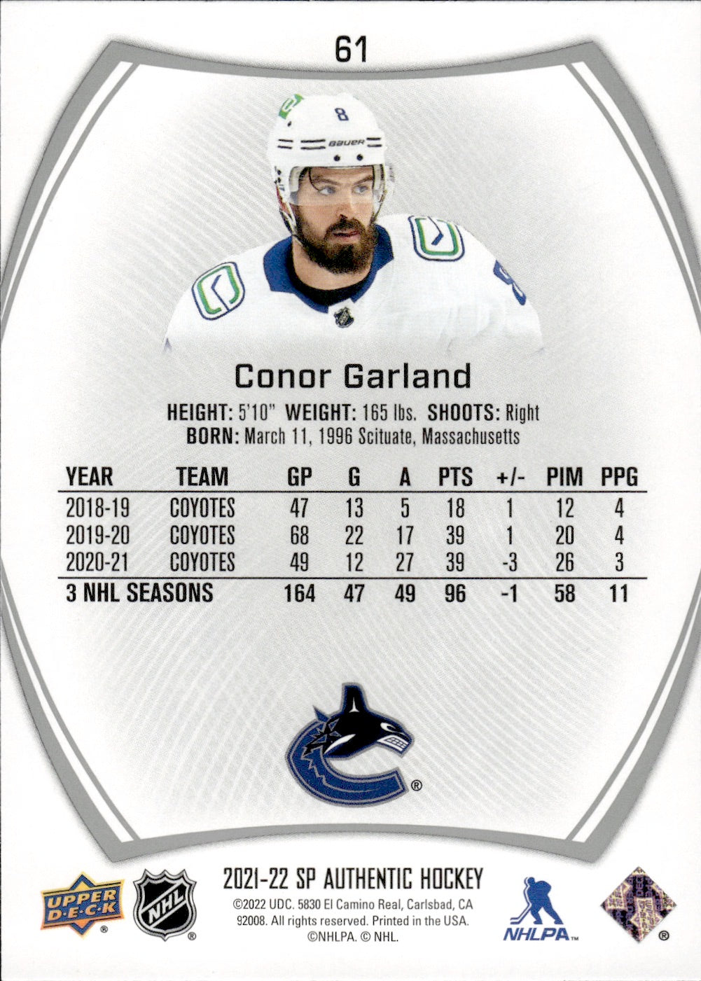 2021-22 Upper Deck SP Authentic Hockey #61 Conor Garland - Vancouver Canucks