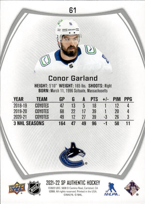 2021-22 Upper Deck SP Authentic Hockey #61 Conor Garland - Vancouver Canucks