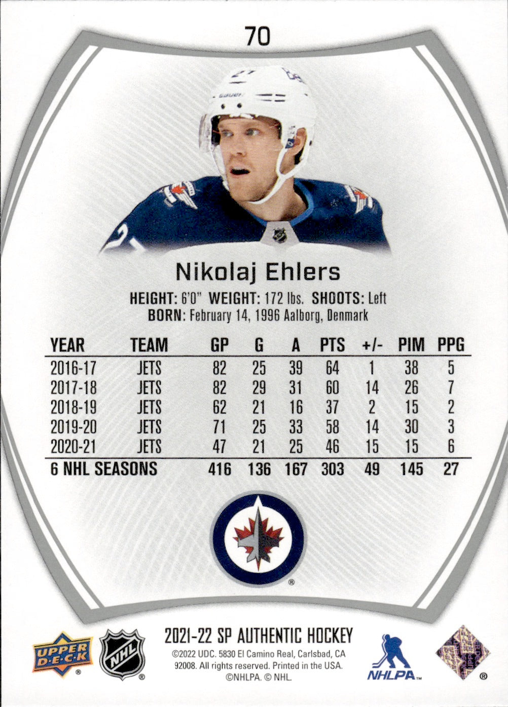 2021-22 Upper Deck SP Authentic Hockey #70 Nikolaj Ehlers - Winnipeg Jets