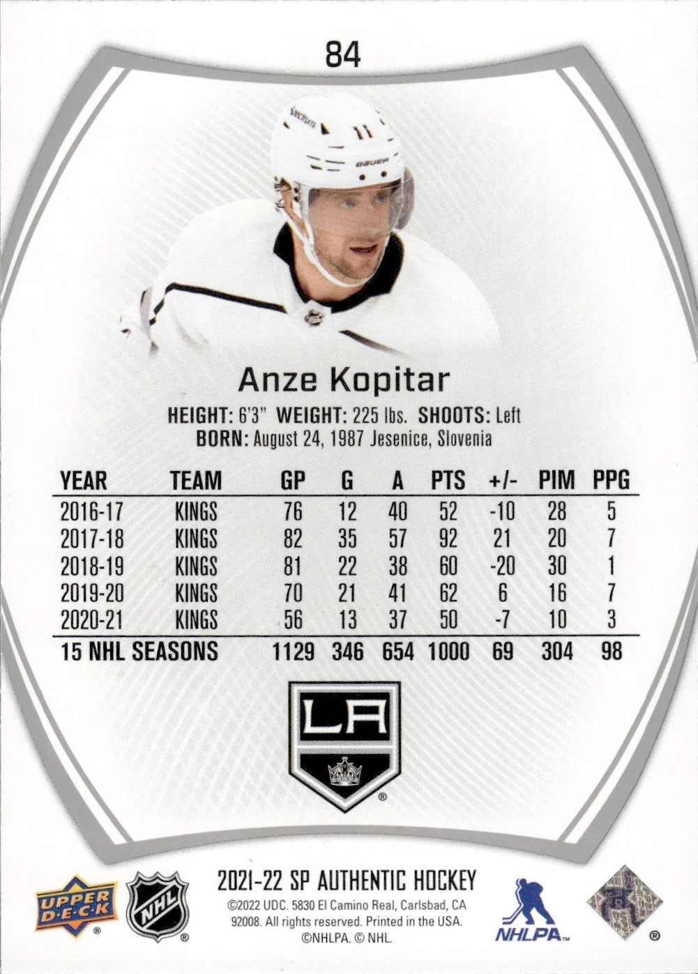 2021-22 Upper Deck SP Authentic Hockey #84 Anze Kopitar - Los Angeles Kings