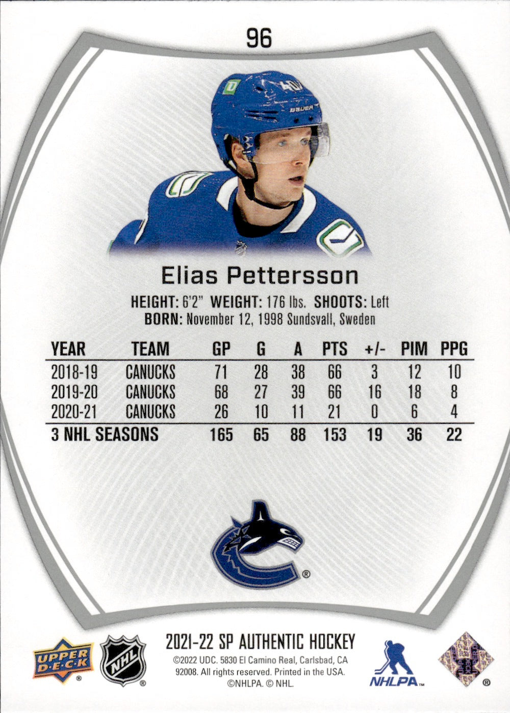 2021-22 Upper Deck SP Authentic Hockey #96 Elias Pettersson - Vancouver Canucks