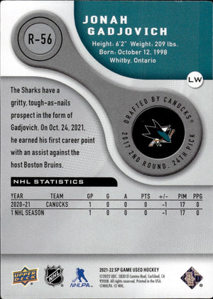 2021-22 Upper Deck SP Game Used Hockey - Authentic Rookie #R-56 Jonah Gadjovich - San Jose Sharks