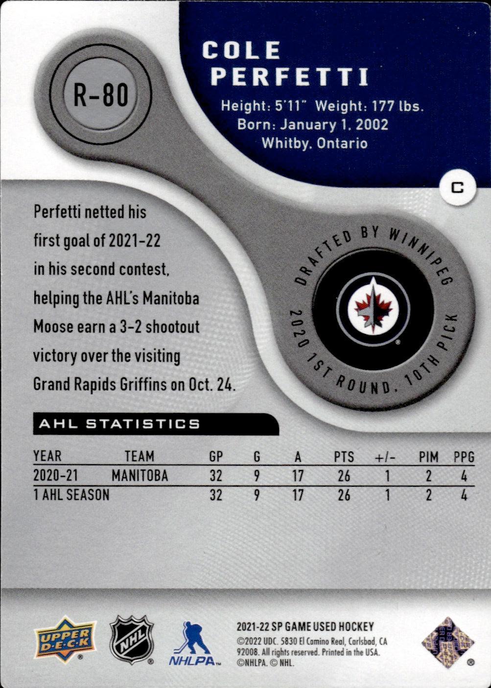 2021-22 Upper Deck SP Game Used Hockey - Authentic Rookie /999 #R-80 Cole Perfetti - Winnipeg Jets