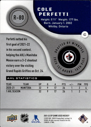 2021-22 Upper Deck SP Game Used Hockey - Authentic Rookie /999 #R-80 Cole Perfetti - Winnipeg Jets