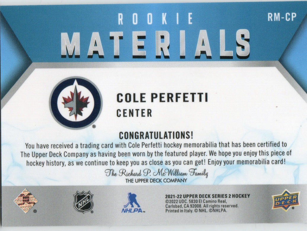 2021-22 Upper Deck Series 2 Hockey - Rookie Materials #RM-CP Cole Perfetti - Winnipeg jets