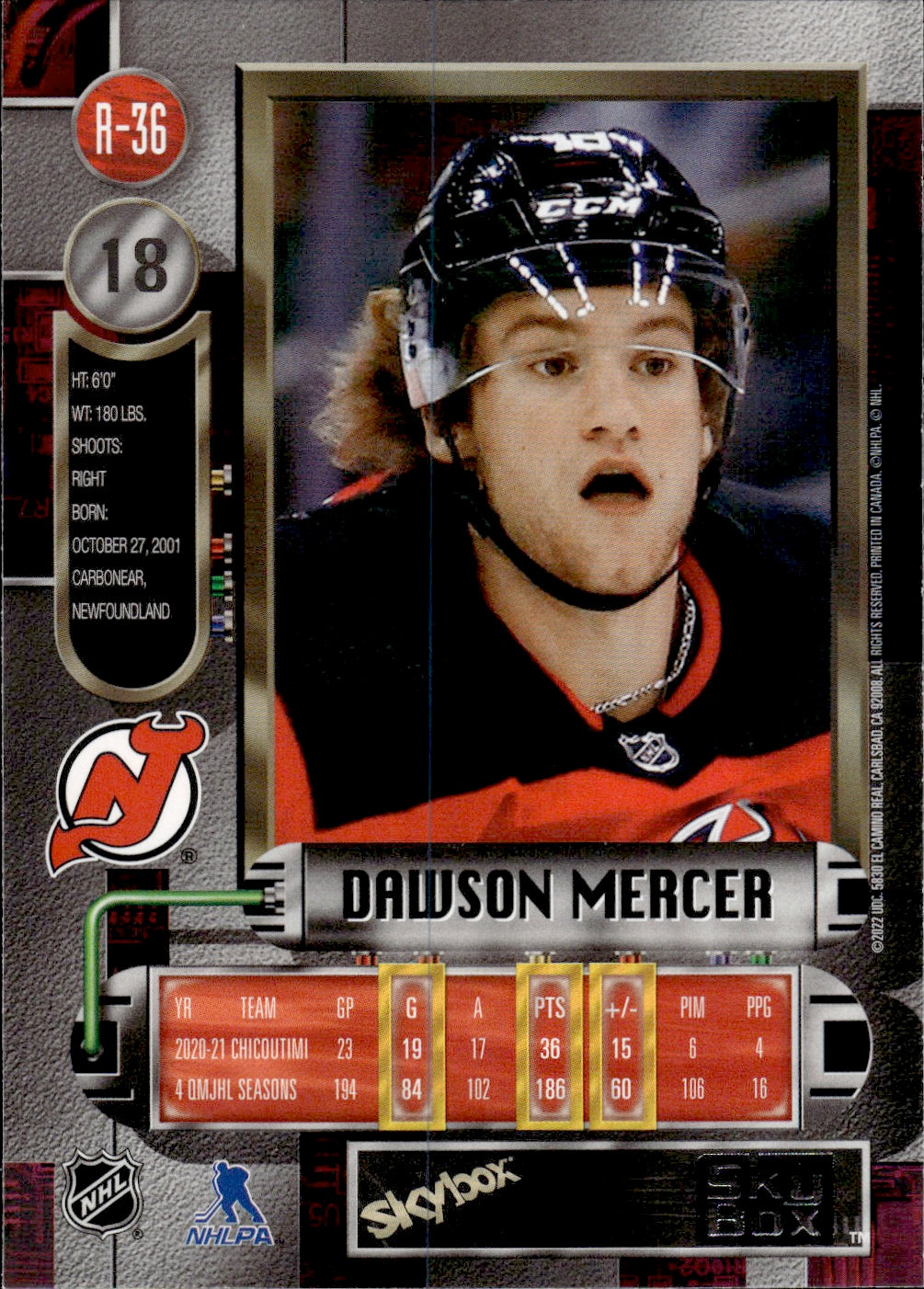 2021-22 Upper Deck Skybox Metal Universe Hockey 1997-98 Retro Rookie #R-36 Dawson Mercer - New Jersey Devils