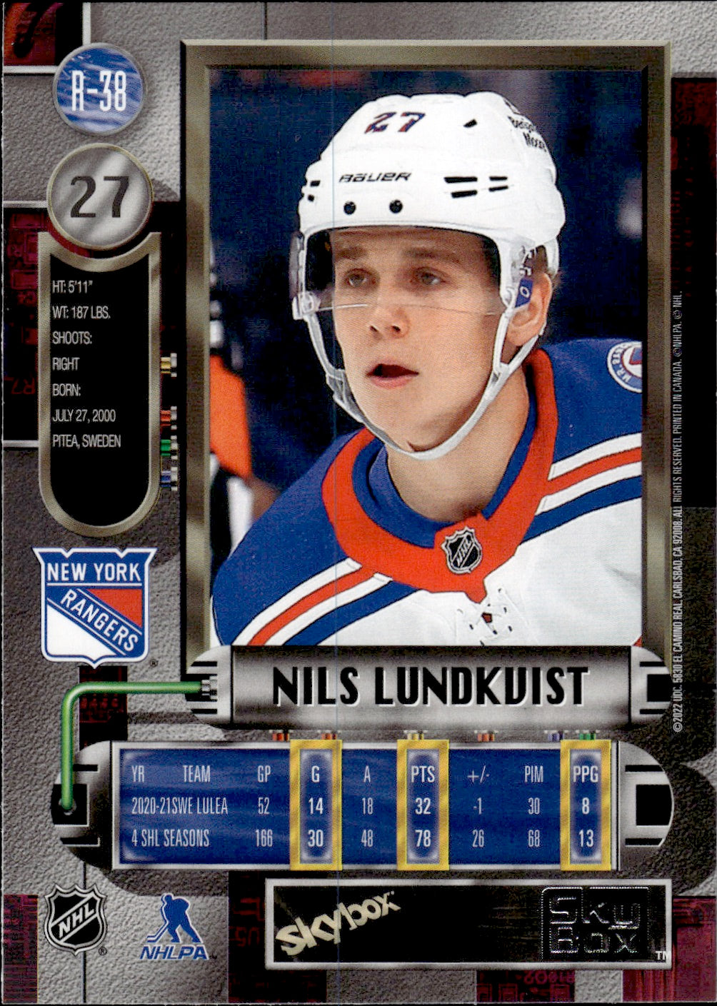 2021-22 Upper Deck Skybox Metal Universe Hockey 1997-98 Retro Rookie #R-38 Nils Lundkvist - New York Rangers