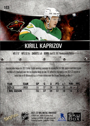 2021-22 Upper Deck Skybox Metal Universe Hockey Alt Jersey #103 Kirill Kaprizov - Minnesota Wild