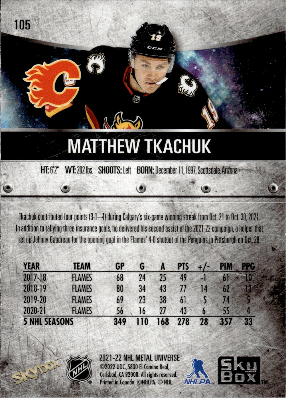 2021-22 Upper Deck Skybox Metal Universe Hockey Alt Jersey #105 Matthew Tkachuk - Calgary Flames