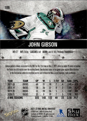 2021-22 Upper Deck Skybox Metal Universe Hockey Alt Jersey #106 John Gibson - Anaheim Ducks