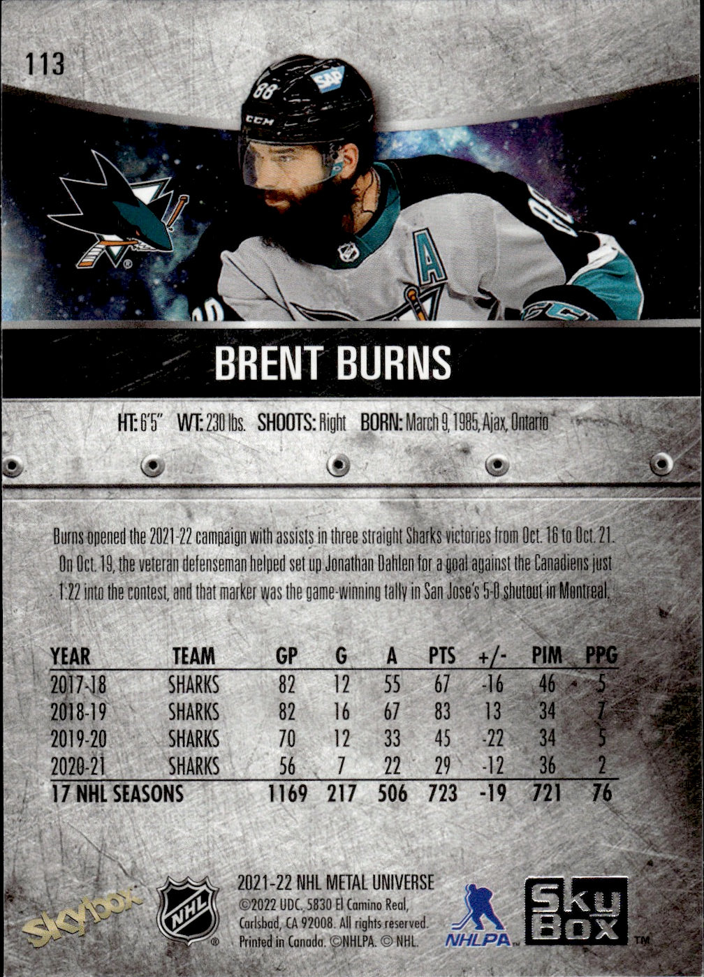 2021-22 Upper Deck Skybox Metal Universe Hockey Alt Jersey #113 Brent Burns - San Jose Sharks