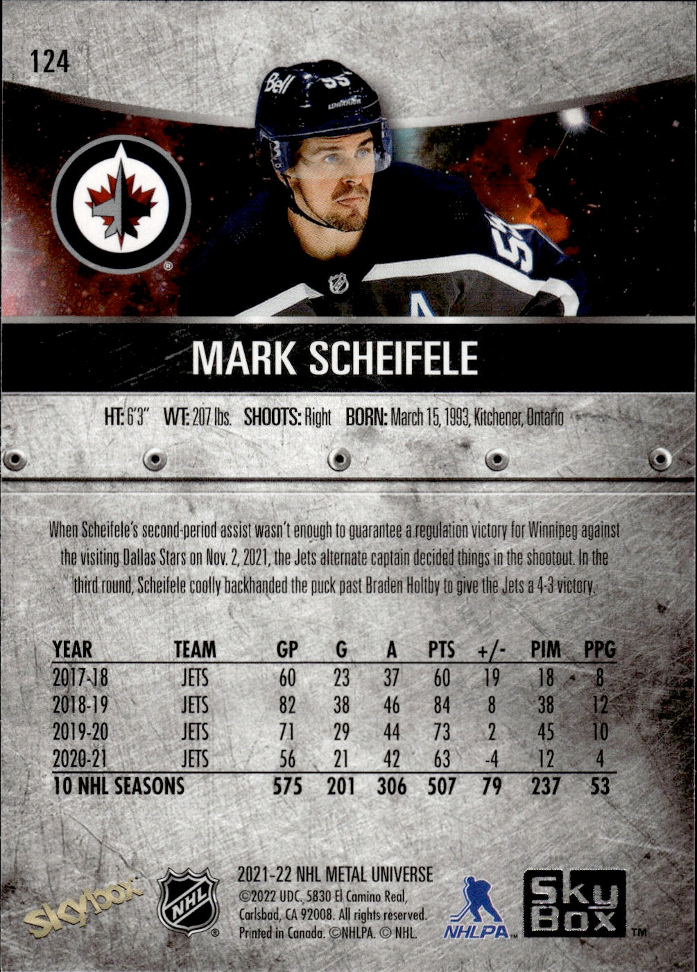 2021-22 Upper Deck Skybox Metal Universe Hockey Alt Jersey #124 Mark Scheifele - Winnipeg Jets