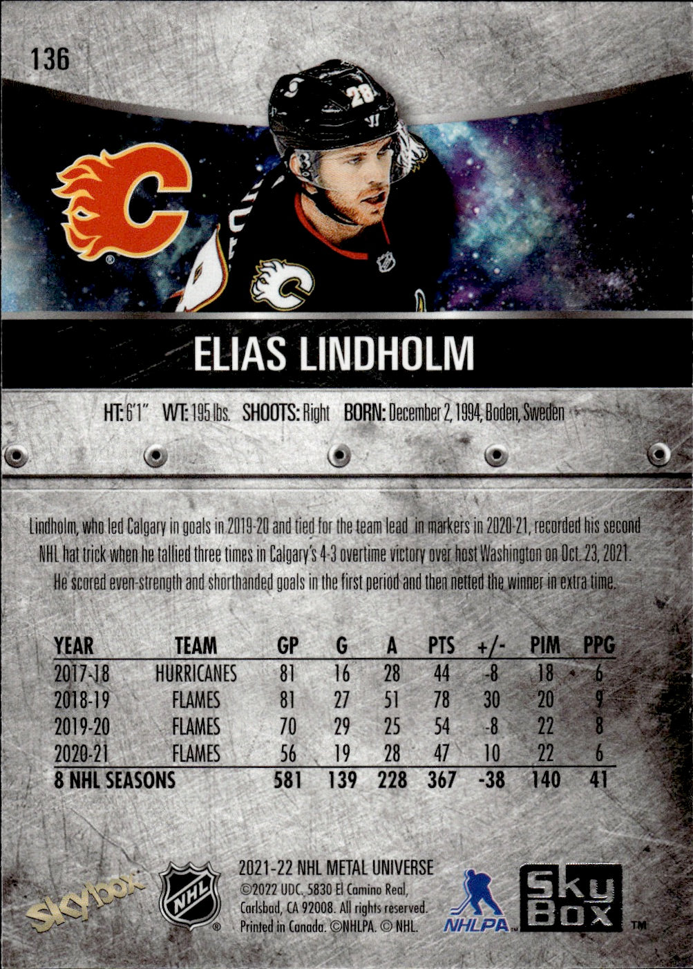 2021-22 Upper Deck Skybox Metal Universe Hockey Alt Jersey #136 Elias Lindholm - Calgary Flames